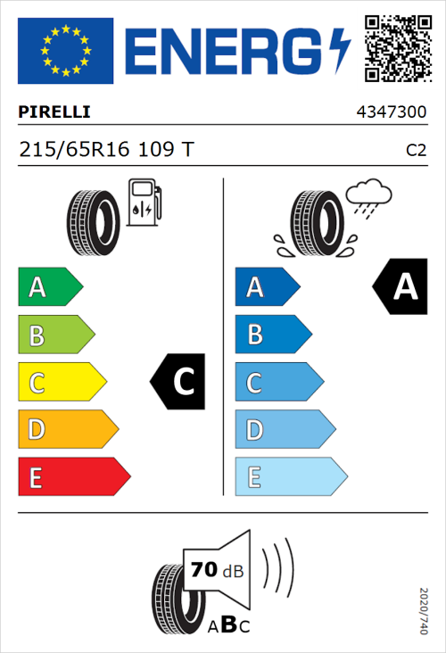 Tyre Label for Pirelli Carrier 215/65R16 109T
