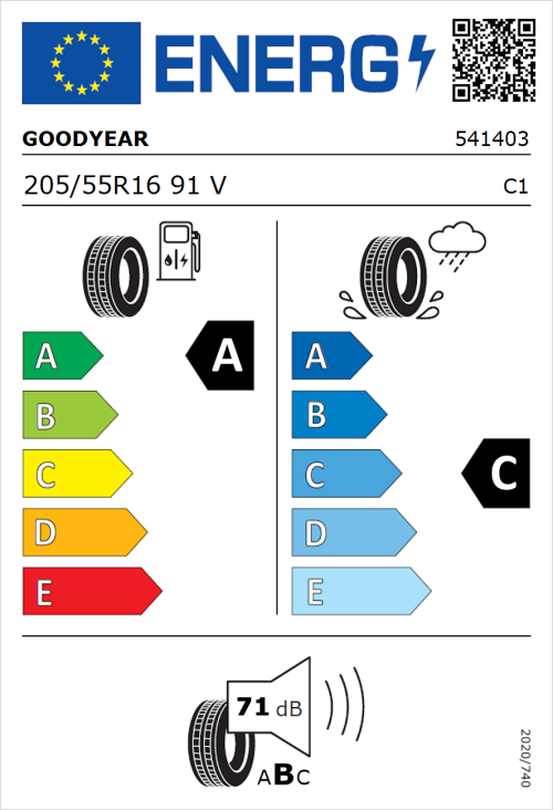 Tyre Label for Goodyear EfficientGrip Performance 205/55R16 91V