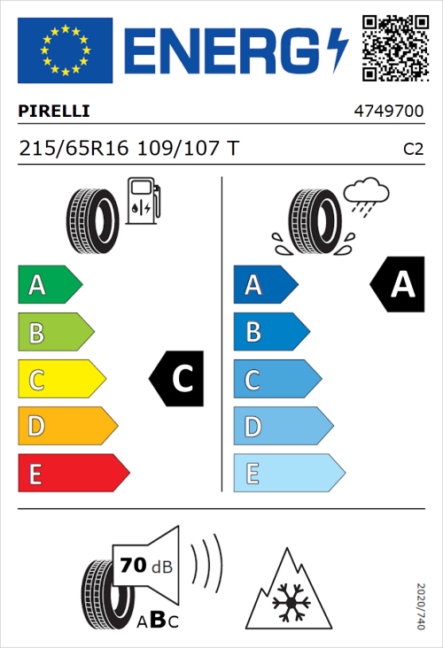 Tyre Label for Pirelli Carrier 215/65R16 109/107T