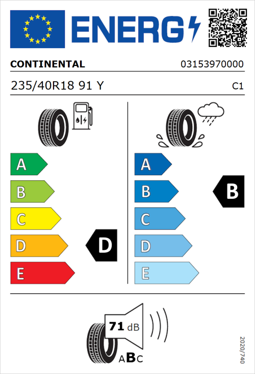 Tyre Label for Continental ContiSportContact 3 235/40R18 91Y