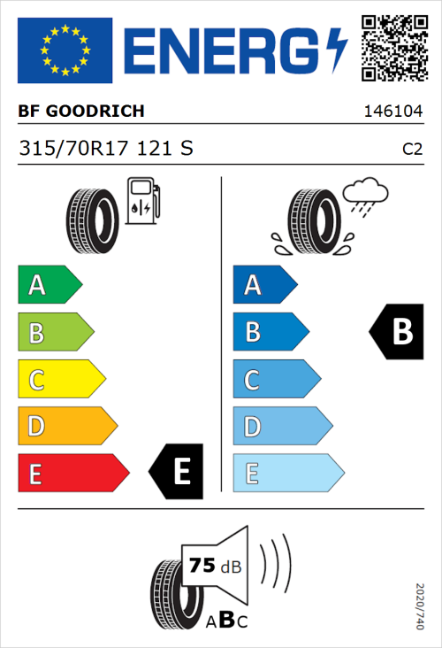 Tyre Label for BF Goodrich All-Terrain T/A KO2 RBL 315/70R17 121S